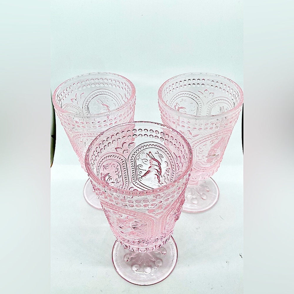 x3 Vtg Pink Hobnail Easter Bunny Rabbit Goblet Victorian Style Drinking Glasses